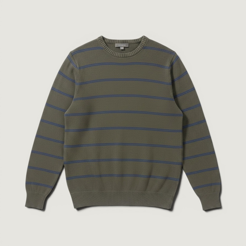 Merona Mens Olive Green Blue Striped Cotton Crewneck Sweater M Preppy Casual
